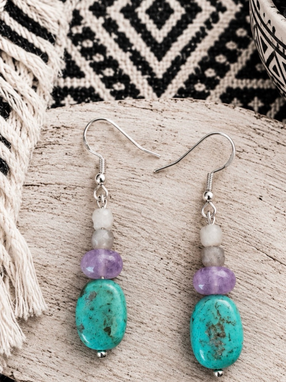 Sterling Silver Kingman Turquoise & Kunzite Gemstone Dangle Earrings Handmade